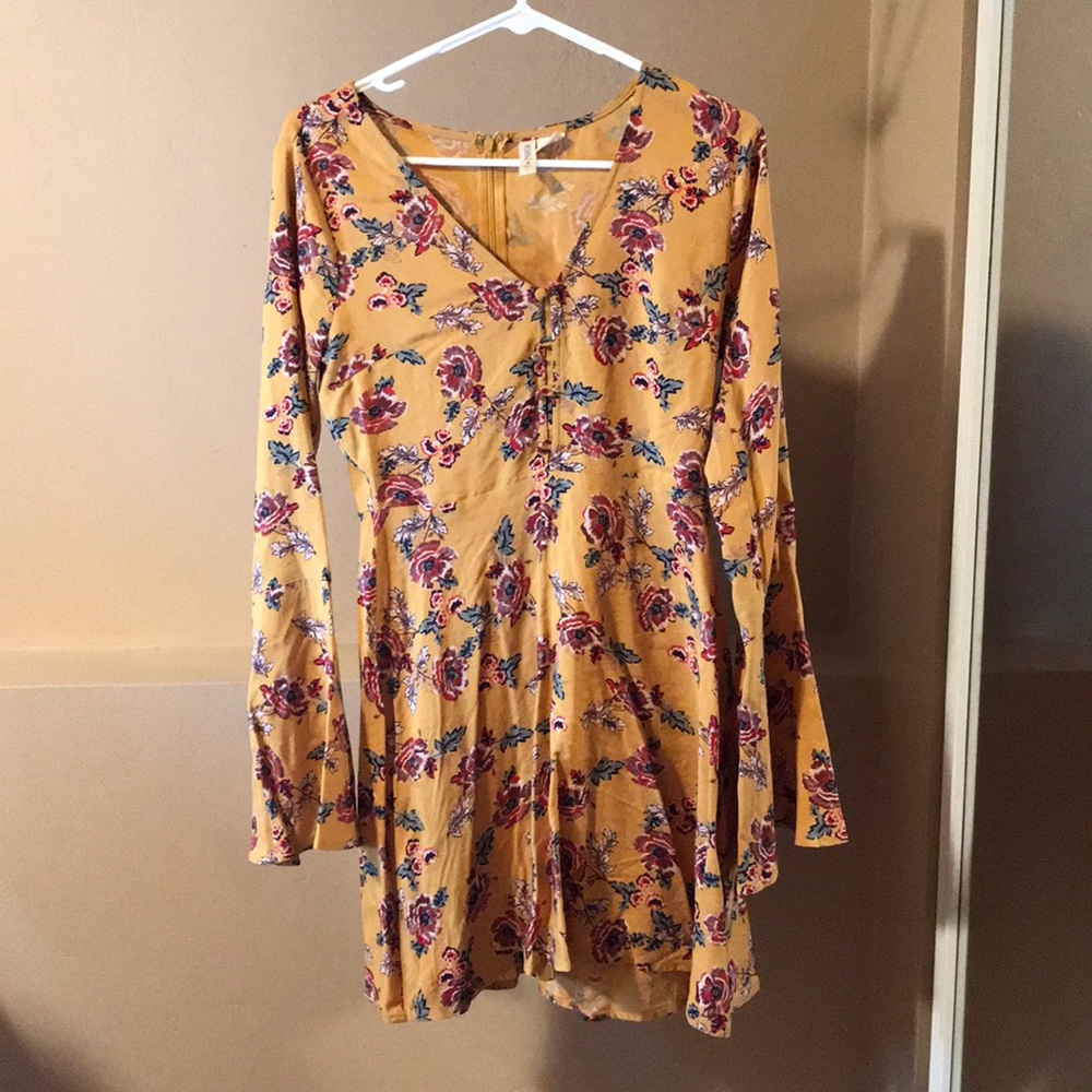 yellow, flower, long sleeve dress